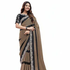 Elegant Women's Embroidered Georgette Saree - Dark Brown